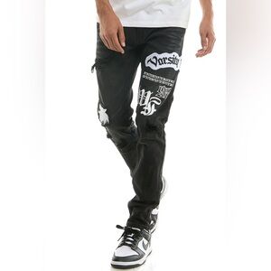 NWT KDNK Men’s Varsity Patched Grunge Jeans in Black/White Size 30